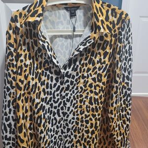 St. John Yellow & Black Leopard Print Button-Down Blouse